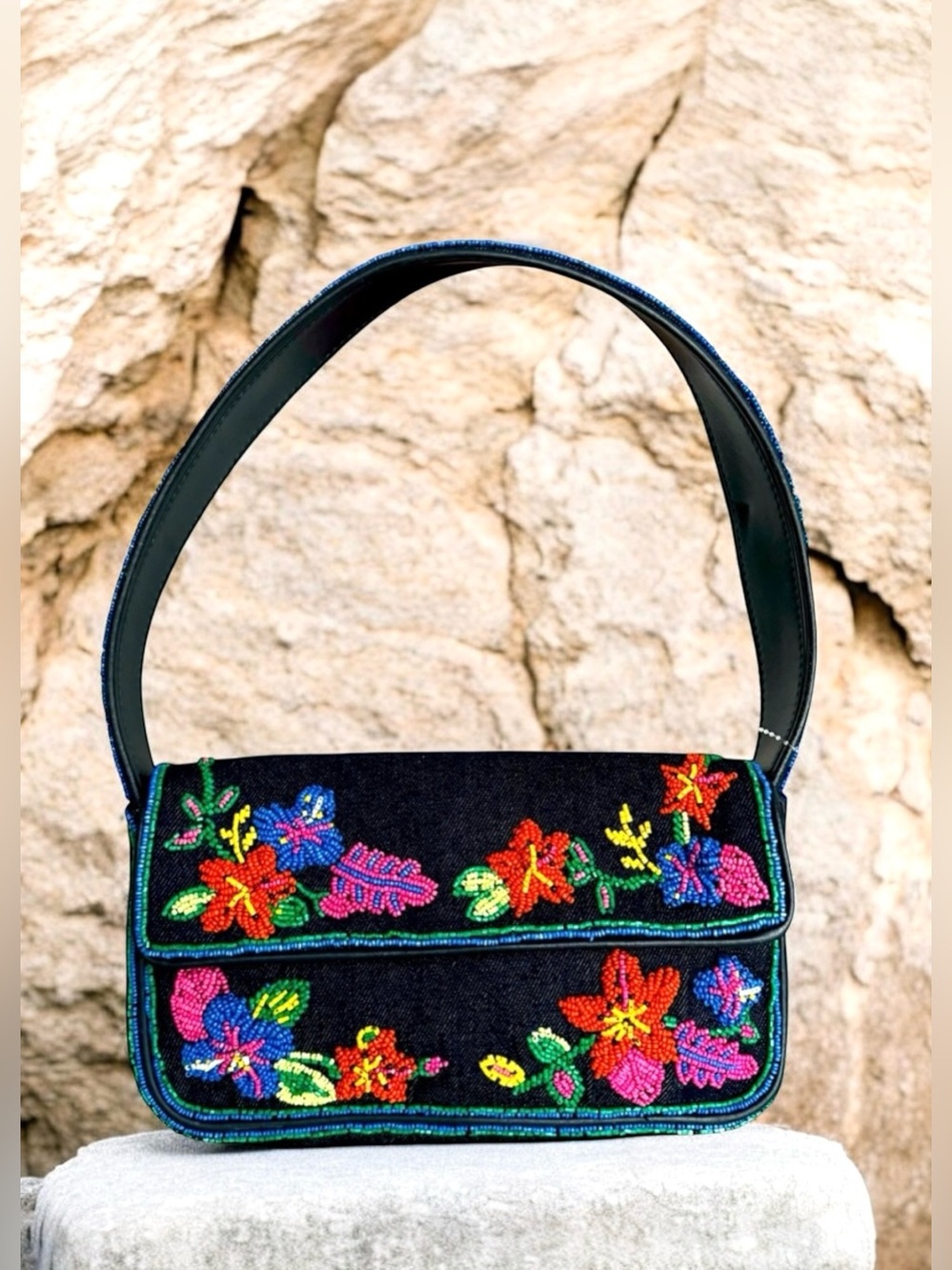 🆕 STAUD Tommy Shoulder Bag Floral Beaded Denim